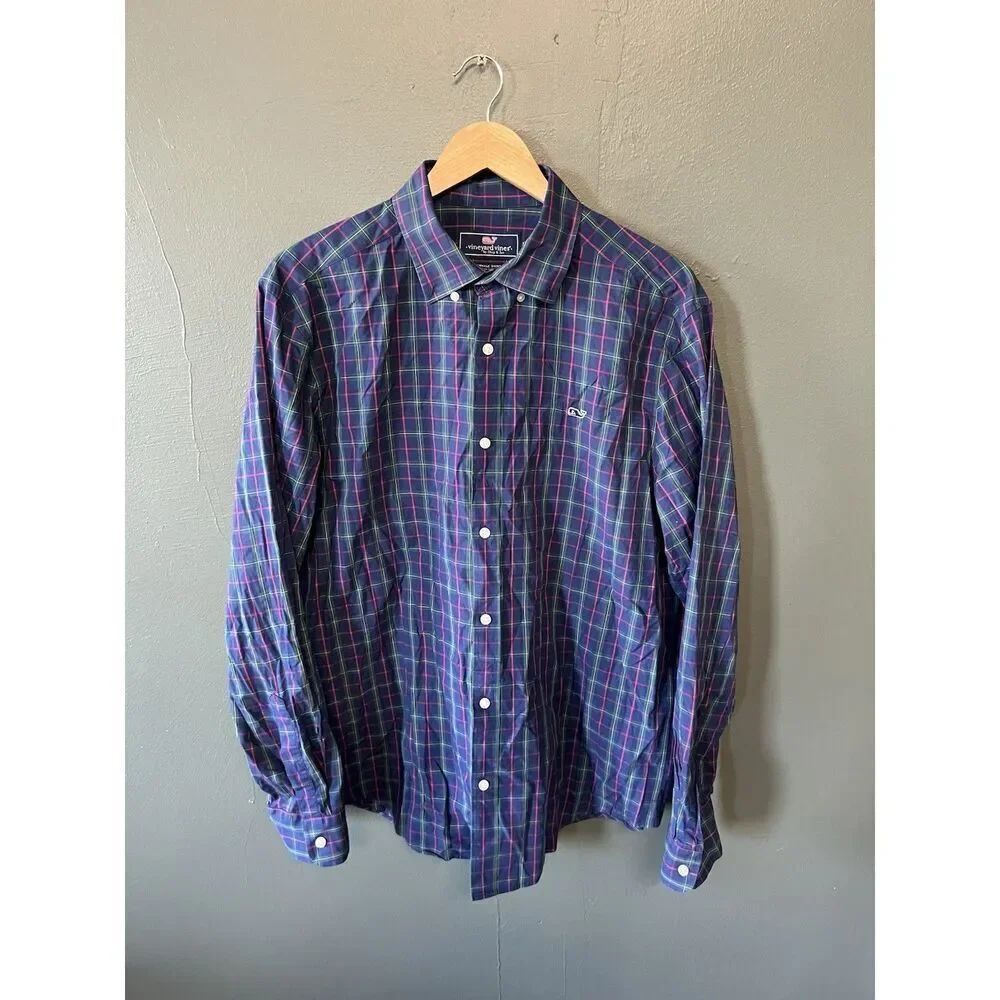 Vineyard Vines Mens Blue Plaid Long Sleeve Button Up Shirt Size Large